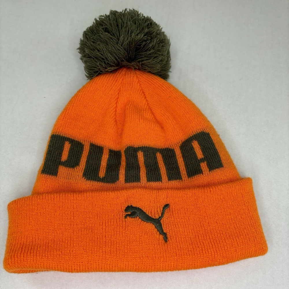 PUMA Pom Pom Beanie‎ Orange Green Youth Athletic Casual Knit Hat Retro Unisex